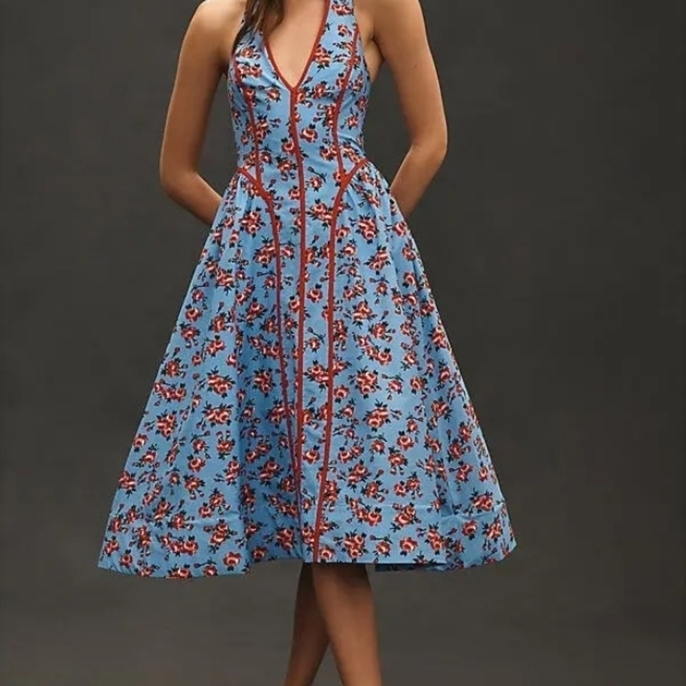 By Anthropologie Halter V-Neck Fit & Flare Midi Dress